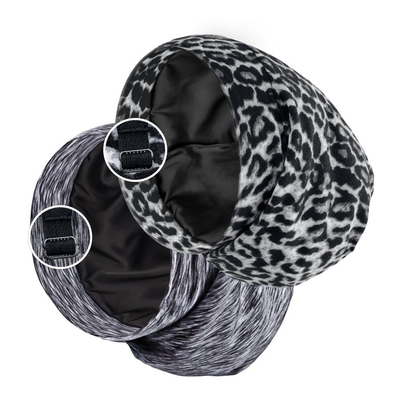 Satin Lined Sleep Cap Bonnet for Curly Hair and Braids Stay On All Night Hair Wrap with Adjustable Strap for Women and Men Grey and Black Leopard Pack of 2